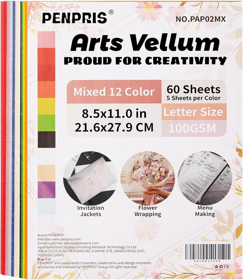 PENPRIS 60 Sheets Colorful Vellum Paper Translucent Tracing Paper - 12 Colors 8.5 x 11in 100GSM Printable Art Paper for DIY Invitations Greeting Cards Birthday Party Decor Gift Wrapping PAP02MX - Image 1